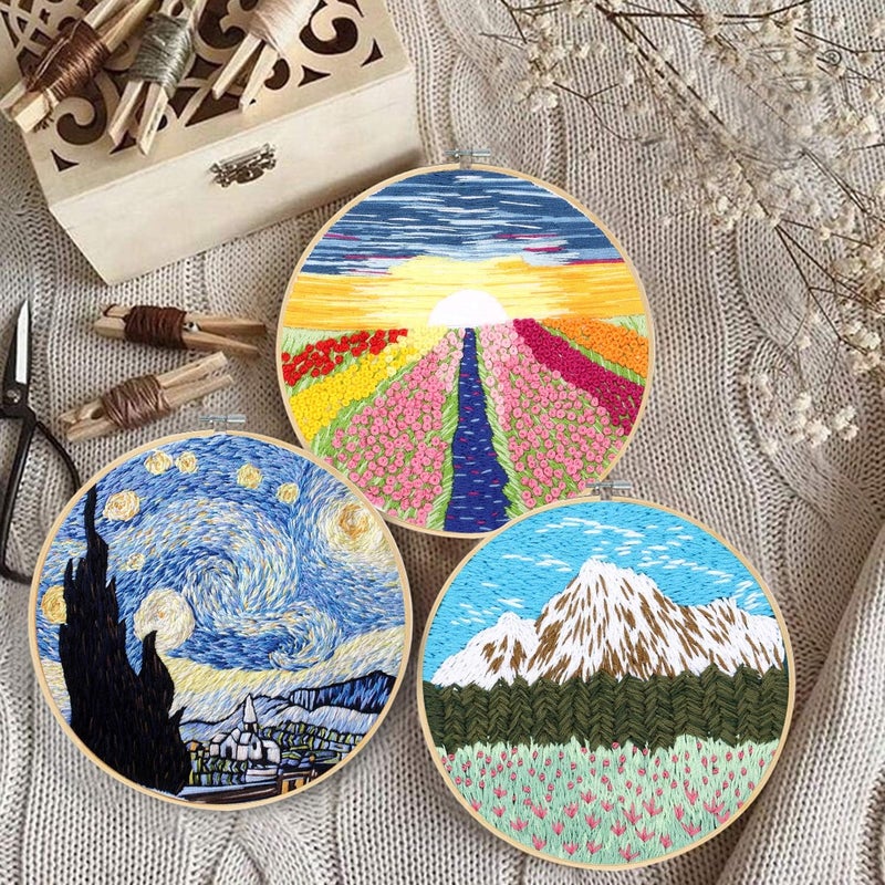 Santune 3 Sets Embroidery Starter Kit with Instructions,Cross Stitch Set,Stamped Needlepoint Kits with Water-Soluble Pattern,1 Hoop,Hand Crafts,Sewing Hobby - Image 5
